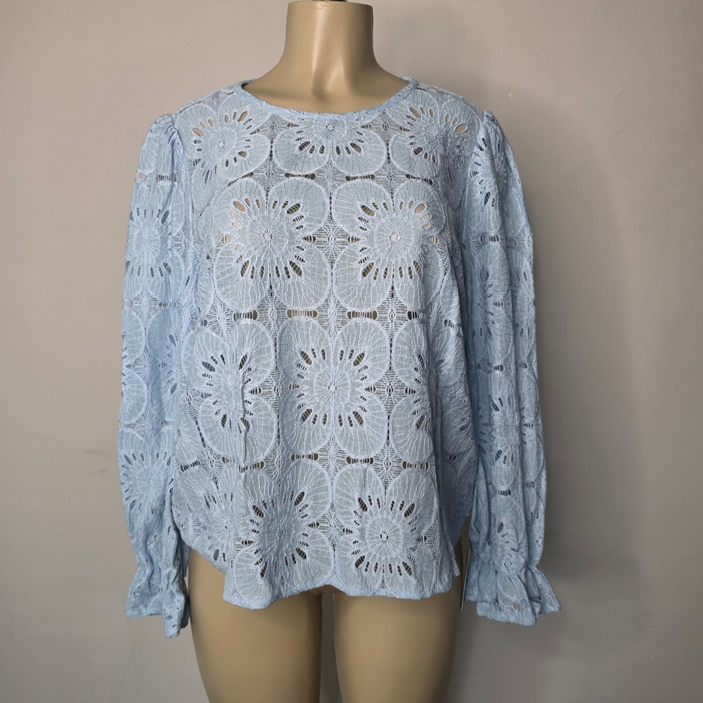 Cupshe Top Womens L Blue Floral Crochet Lace Puff Sleeve CAA04D2F027SS Boho